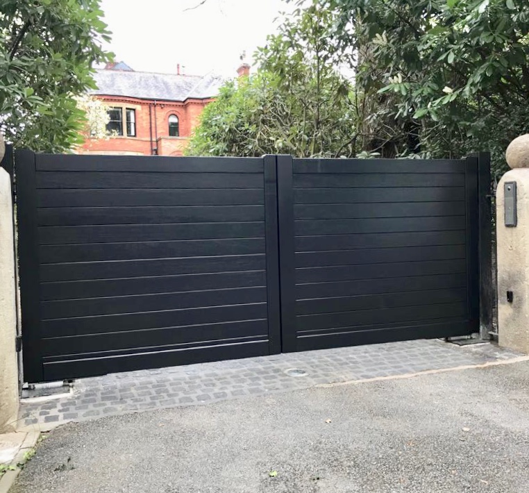 Black, double, wooden driveway gate.