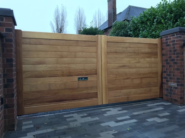 Iroko hardwood gates in Knutsford Design