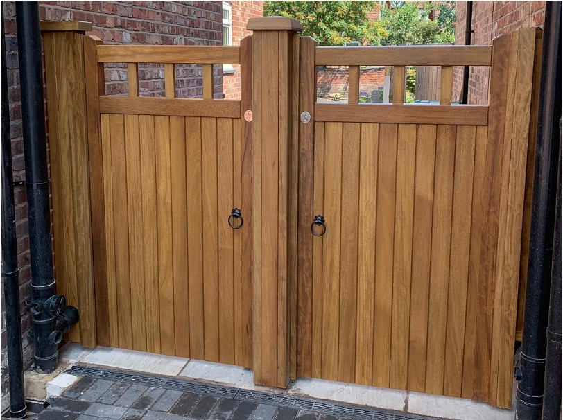 Iroko cheshire design single gates with cladded post