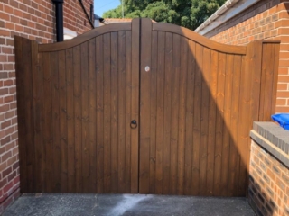 Softwood Swan Neck Design Double Gate Dark Oak Stain Front (11MAL)